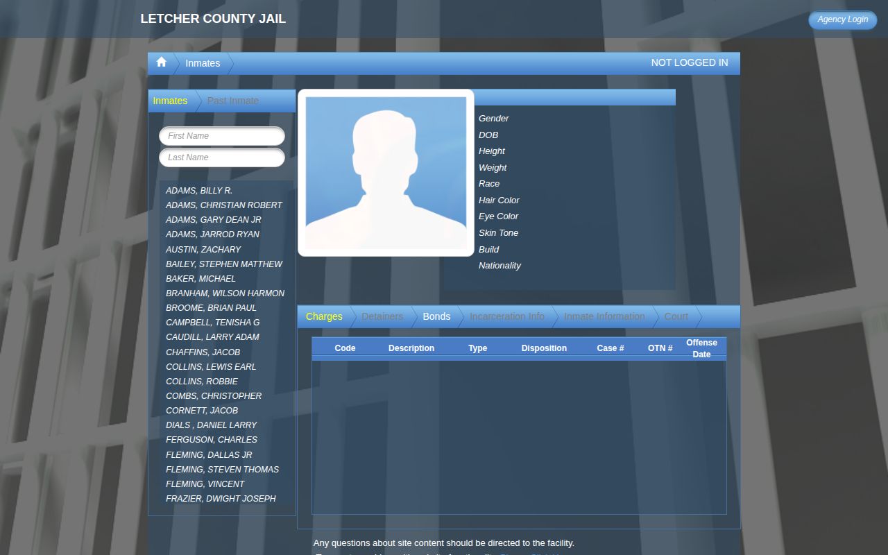 Letcher County Jail BluHorse roster with current inmate search and booking-window controls