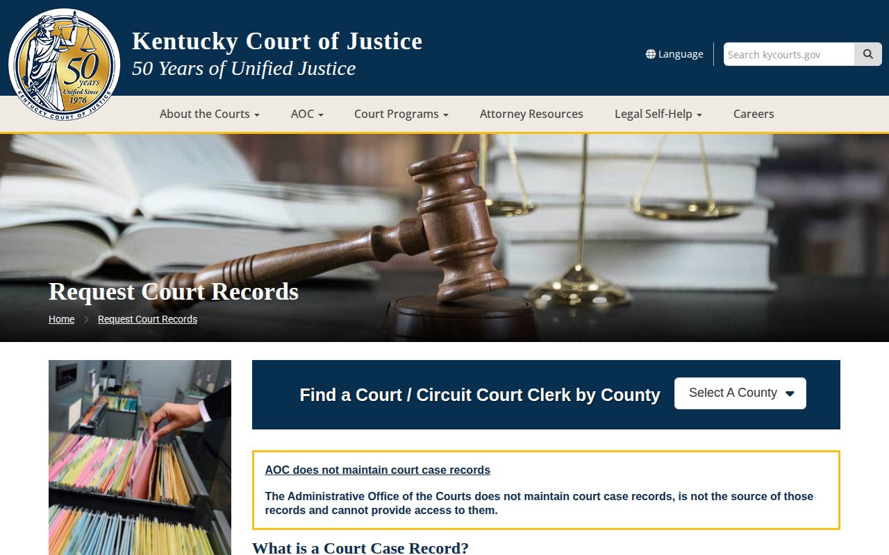 Kentucky Court of Justice page explaining court records request routes