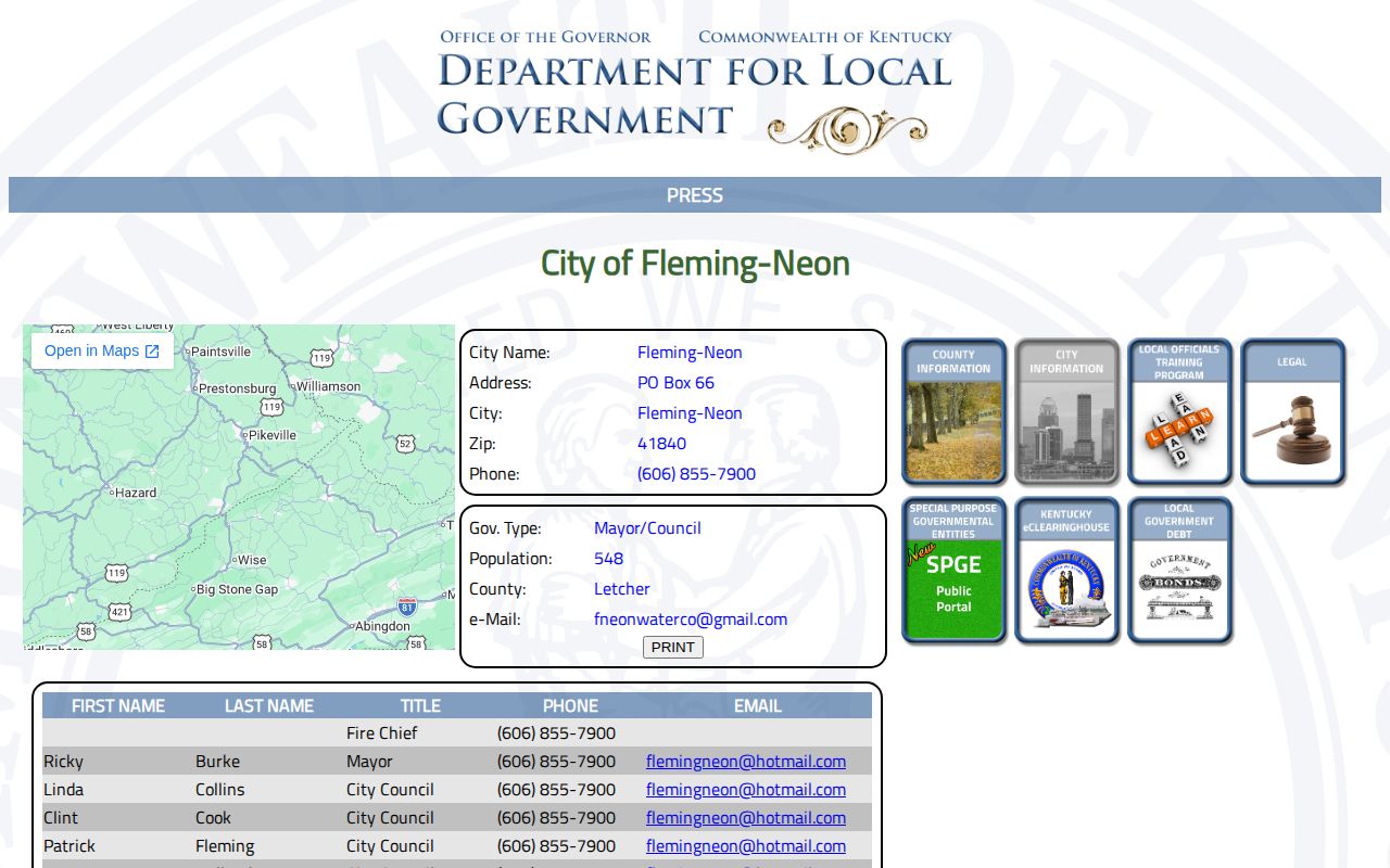 Captured Kentucky DLG Fleming-Neon profile showing official municipal contact information